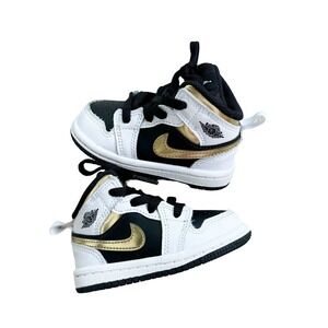 Nike Air Jordan 1 Mid White, Gold and Black Sneakers 4C